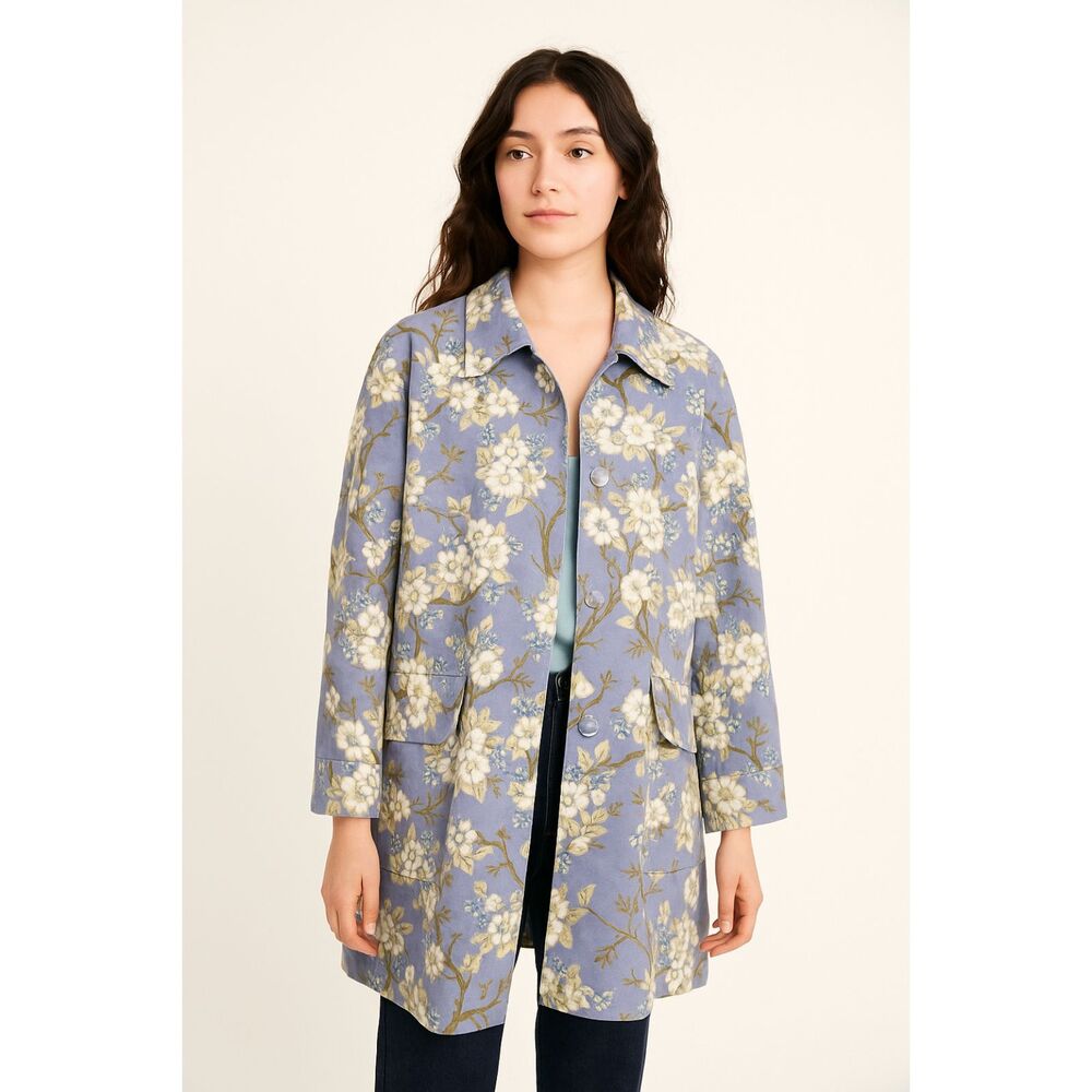 April Cornell VTG Car Coat Chore Jacket Size Small Lavender White Floral Cottage